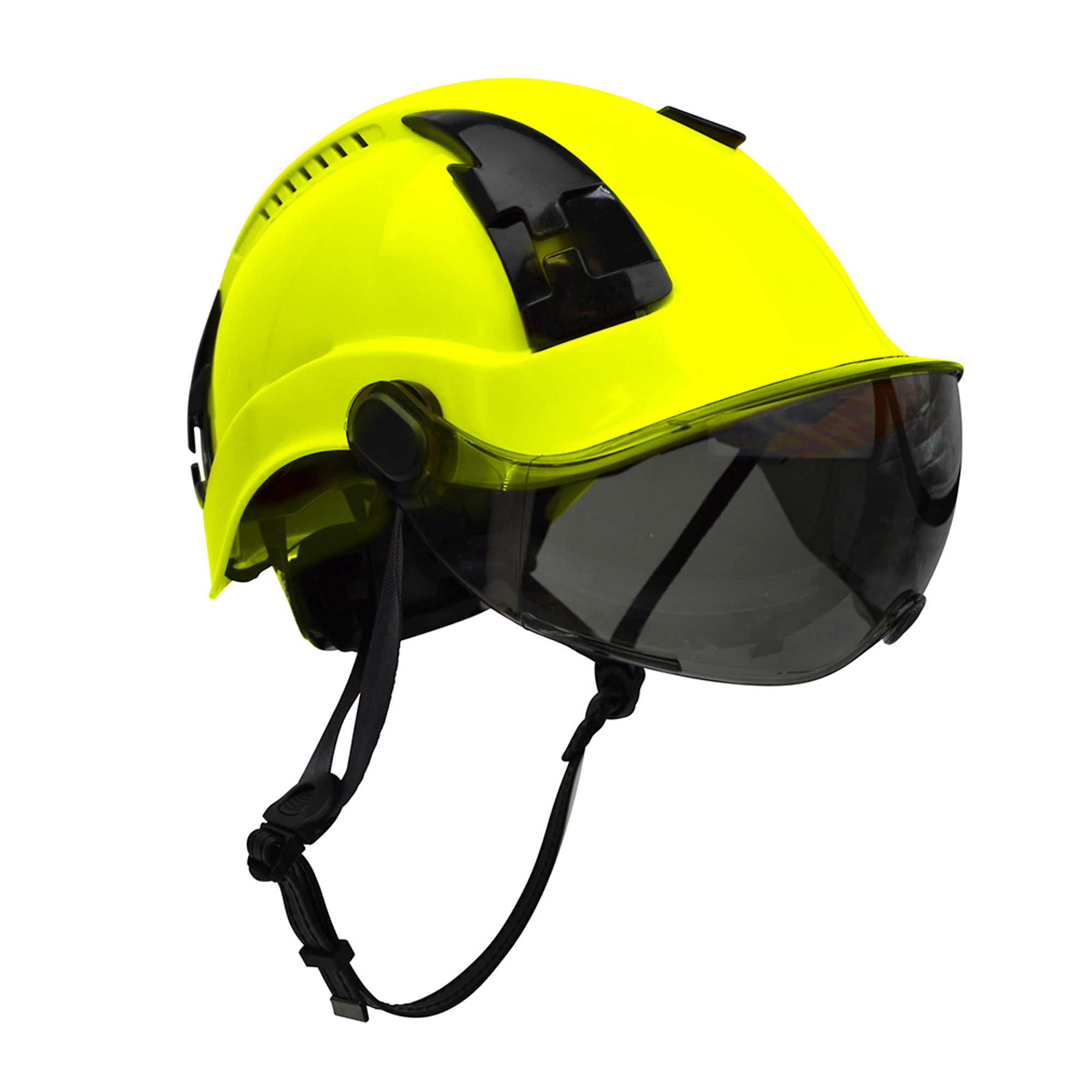 Malta Dynamics Apex Type 2 Safety Helmet with Tinted Visor — Yellow, Class C, ANSI/OSHA Compliant, EN12492, Vented, Model# HTY2002